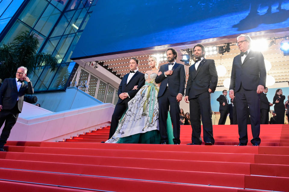 CANNES, FRANCE - MAY 20:  Gabriel Sherman, Maria Bakalova, Ali Abbasi, Sebastian Stan and Martin Donovan depart the 