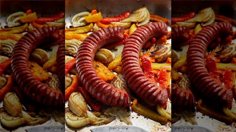 hasselback sausage with roasted vegetables