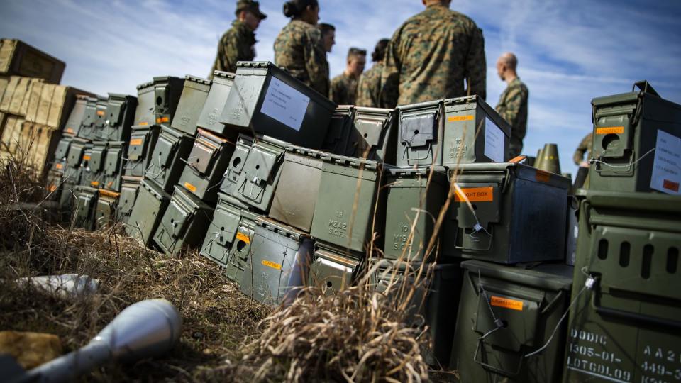 U.S. Marine ammunition technicians and officers with Marine Corps Base  Quantico Ammunition Supply Point receive ammunition disposal training on base in 2020. (Sgt. Ann Correa/U.S. Marine Corps)