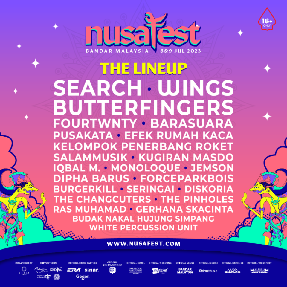 The full and confirmed lineups for the upcoming NusaFest 2023 happening this July 8 and 9 at Bandar Malaysia in Sungai Besi, Kuala Lumpur. — Picture courtesy of NusaFest.