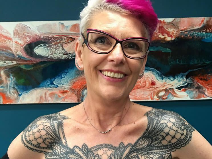 Sue Cook marked five years of being cancer-free with a bold mastectomy tattoo. (Photo: Sue Cook)