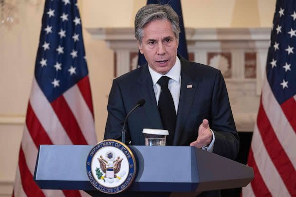 PHOTO: U.S. Secretary of State Antony Blinken speaks during a press conference with NATO Secretary General Jens Stoltenberg in the Benjamin Franklin Room of the State Department, Feb. 8, 2023, in Washington. (Jim Watson/AFP via Getty Images)