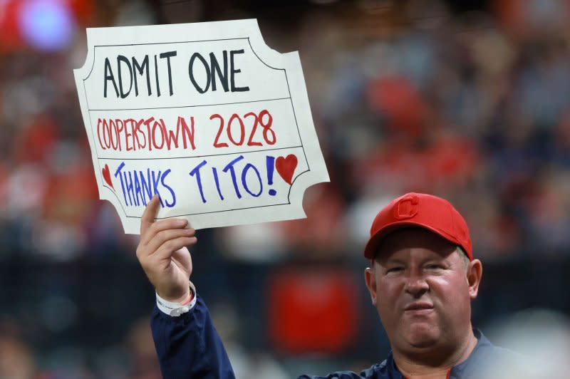 A Cleveland Guardians fan holds a sign supporting manager Terry Francona during a game against the Cincinnati Reds on Wednesday at Progressive Field in Cleveland. Photo by Aaron Josefczyk/UPI