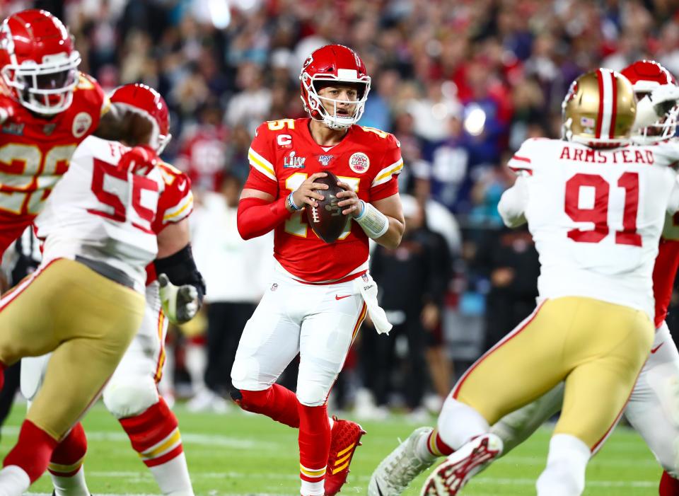 Kansas City Chiefs quarterback Patrick Mahomes (15) looks to pass against the San Francisco 49ers in Super Bowl LIV on Feb. 2, 2020.