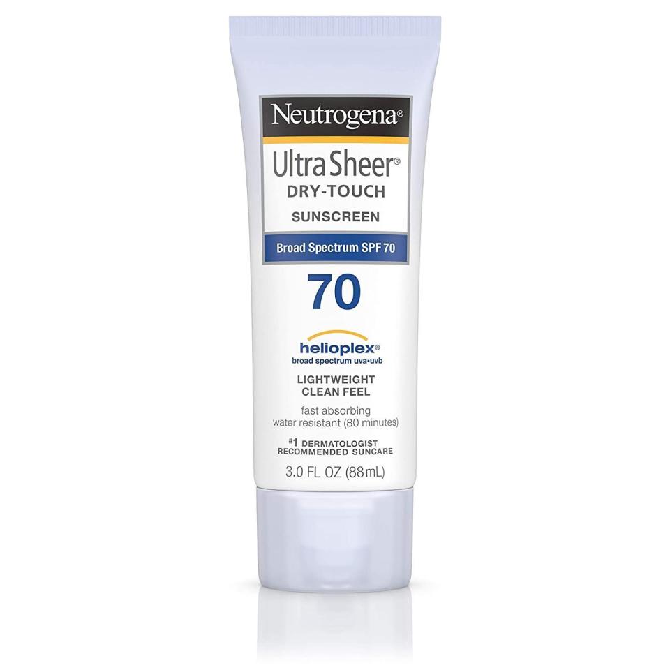 <p><strong>Neutrogena</strong></p><p><a href="https://www.amazon.com/Neutrogena-Ultra-Dry-Touch-Sunscreen-Spectrum/dp/B005IHT94S?tag=syn-yahoo-20&ascsubtag=%5Bartid%7C10056.g.40119117%5Bsrc%7Cyahoo-us" rel="nofollow noopener" target="_blank" data-ylk="slk:Shop Now;elm:context_link;itc:0;sec:content-canvas" class="link ">Shop Now</a></p><p><del>$11.99</del> <strong>$8.97 (15% OFF)</strong></p><p>It's no secret that some sunscreens tend to feel a little on the greasy side, which is why we highly recommend adding this dry-touch SPF 70 lotion to your shopping cart. </p>