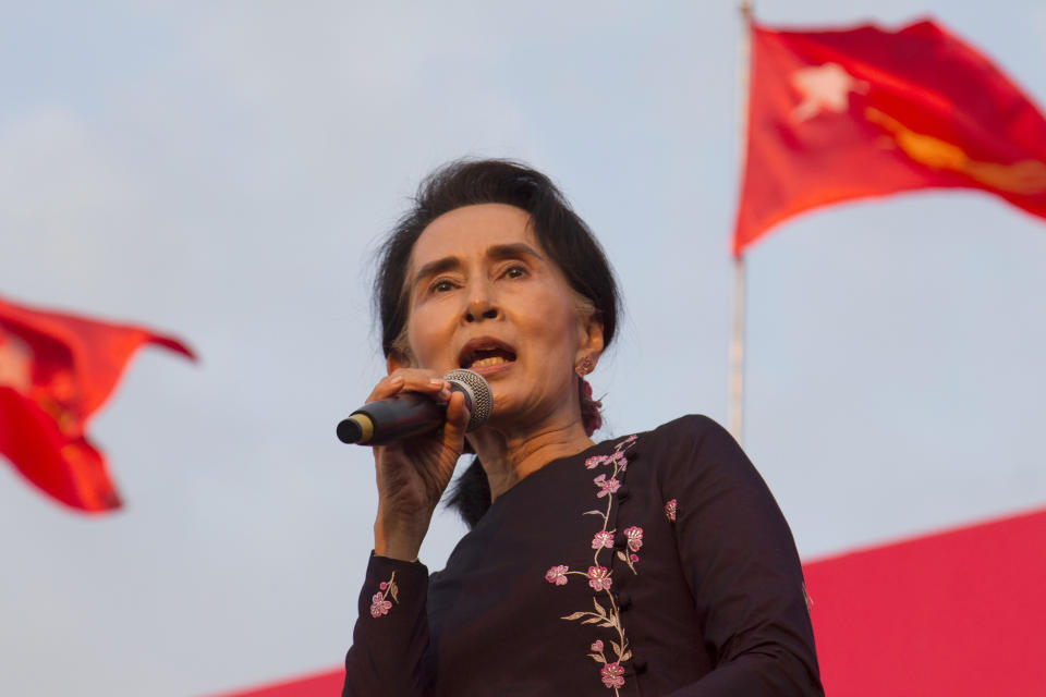 FILE - Myanmar opposition leader Aung San Suu Kyi speaks during an election campaign rally of her National League for Democracy party for upcoming general election in Yangon, Myanmar on Nov. 1, 2015. Suu Kyi is the daughter of the country’s independence hero, Gen. Aung San, who was assassinated in 1947, less than six months before the country, then called Burma, became independent from Britain. Suu Kyi moved to New Delhi in 1960 when her mother was appointed ambassador to India and then spent most of her young adult life in the United States and England. Her career in politics began in 1988. (AP Photo/Khin Maung Win)