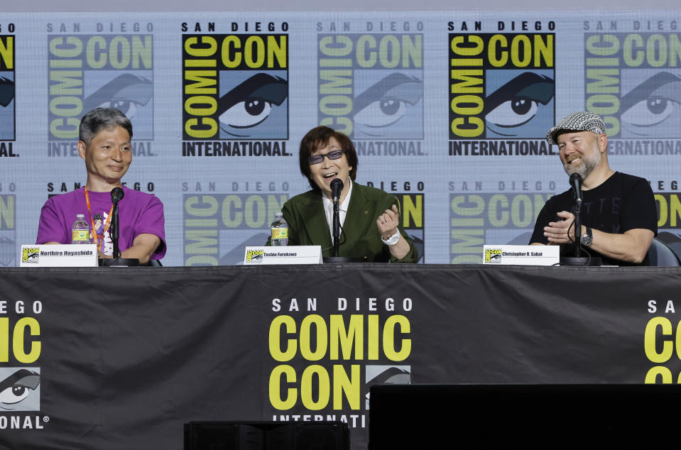 ‘Dragon Ball’ at SDCC: (L-R) Norihiro Hayashida, Toshio Furukawa and Christopher Sabat - Credit: Getty