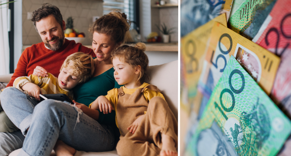 family of four sitting on couch next to Australian money