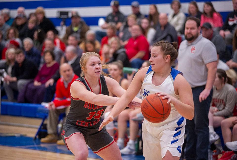 Wynford's Katie Wagner keeps the ball away from Buckeye Central's Paige Collene.