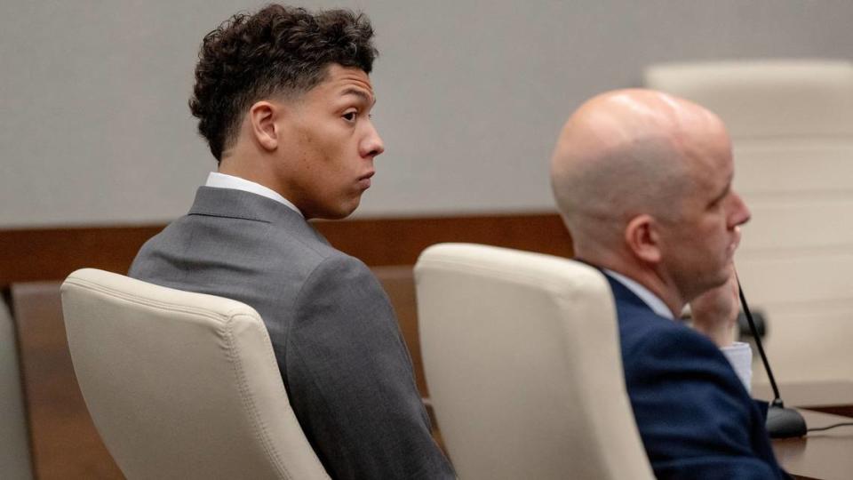 Jackson Mahomes listens to the state’s prosecution team during a bond motion hearing in Johnson County District Court on Tuesday, May 16, 2023, in Olathe.