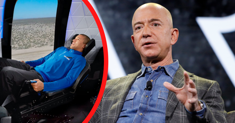 A man sits in a seat inside the Blue Origin space capsule. Jeff Bezos speaks at an event.