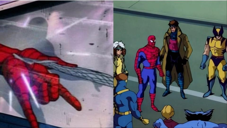 Spider-Man's cameo from the '90s X-Men: The Animated Series (L), and the full X-Men apperance from Spider-Man: The Animated Series (R).
