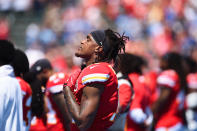<p>Wide receiver Demarcus Robinson #11 of the Kansas City Chiefs stands during the national anthem before the game against the Los Angeles Chargers at StubHub Center on September 9, 2018 in Carson, California. (Photo by Kevork Djansezian/Getty Images) </p>