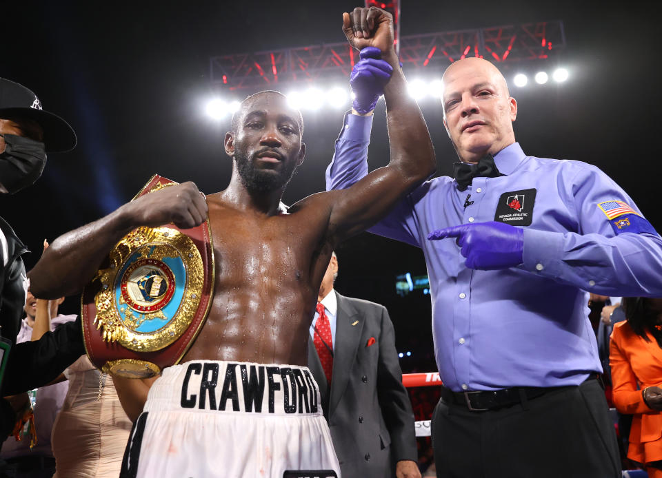 LAS VEGAS, NEVADA - NOVEMBER 20: Terence Crawford is victorious as he defeats Shawn Porter for the WBO welterweight championship at Michelob ULTRA Arena on November 20, 2021 in Las Vegas, Nevada. (Photo by Mikey Williams/Top Rank Inc via Getty Images)