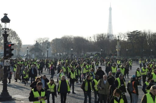 Protesters massed on the Place de la Concorde in central Paris on Saturday during the "yellow vest" protests against high fuel prices in France