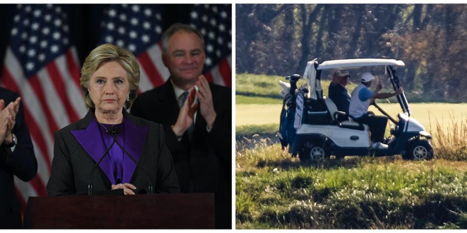 clinton concession and trump plays golf