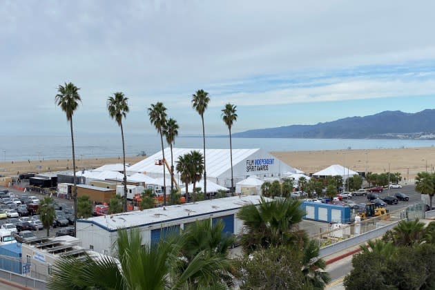 The tent is set by the beach ahead of the Film Independent Spirit Awards 39th annual ceremony in Santa Monica, California, February 25, 2024. (Photo by Chris DELMAS / AFP) - Credit: AFP via Getty Images