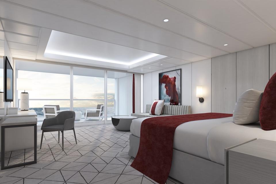 AquaClass SkySuites, an immersive living experience that features floor-to-ceiling ocean views, private verandas, luxurious bedding and other wellness amenities.