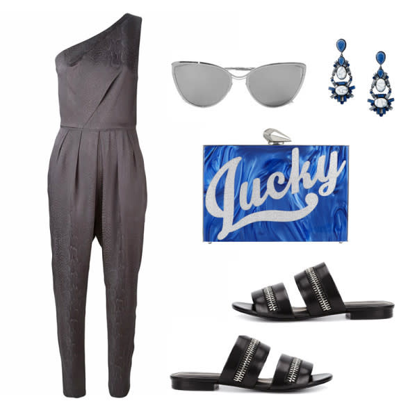 Asymmetrical Jumpsuit, Ginger & Smart $699 Vivienne Sandals, Alexander Wang $670 Crystal Earring, Mango $25 Merrick Lucky Perspex Box Clutch, Kotur $895 Cat-Eye Sunglasses, Cutler & Gross $820