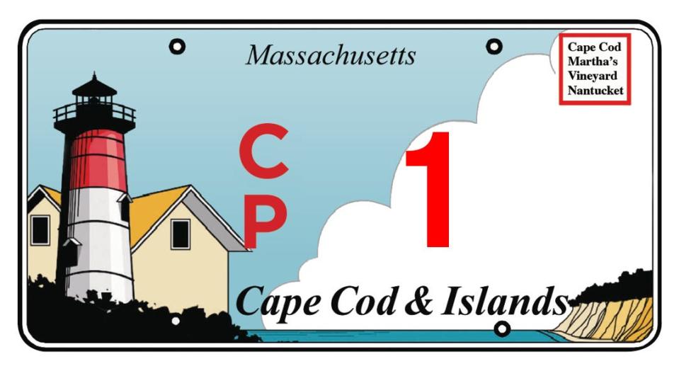 A graphic example of a new license plate. The Cape & Islands License Plate Marketing Committee announces an online auction for low-numbered plates 1-999 in its new CP (Cape Plates) series.