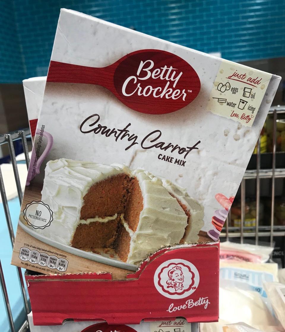 White and red box of Betty Crocker carrot cake mix at Spanish supermarket