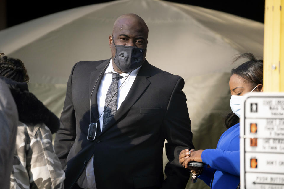 Rodney Floyd enters the Hennepin County Government Center, Tuesday, April 6, 2021, in Minneapolis where testimony continues in the trial of former Minneapolis police officer Derek Chauvin. Chauvin is charged with murder in the death of George Floyd during an arrest last May in Minneapolis. (Mark Vancleave/Star Tribune via AP)