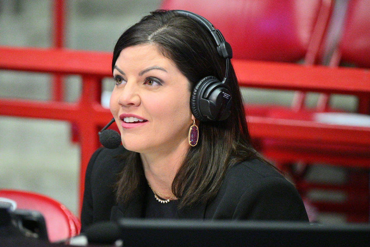 ALBUQUERQUE, NEW MEXICO - JANUARY 28: Play-by-play announcer Jenny Cavnar prepares before a game between the Nevada Wolf Pack and the New Mexico Lobos at The Pit on January 28, 2024 in Albuquerque, New Mexico. (Photo by Sam Wasson/Getty Images)