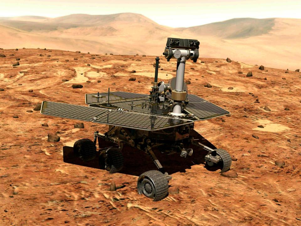 In this NASA illustration, Opportunity is shown sitting on the surface of Mars. The visual artists at Industrial Light & Magic used such images as well as real photos shot by Opportunity to create photo-realistic footage of the rover in transit for "Good Night Oppy," a documentary about the machine's 15-year mission on Mars.