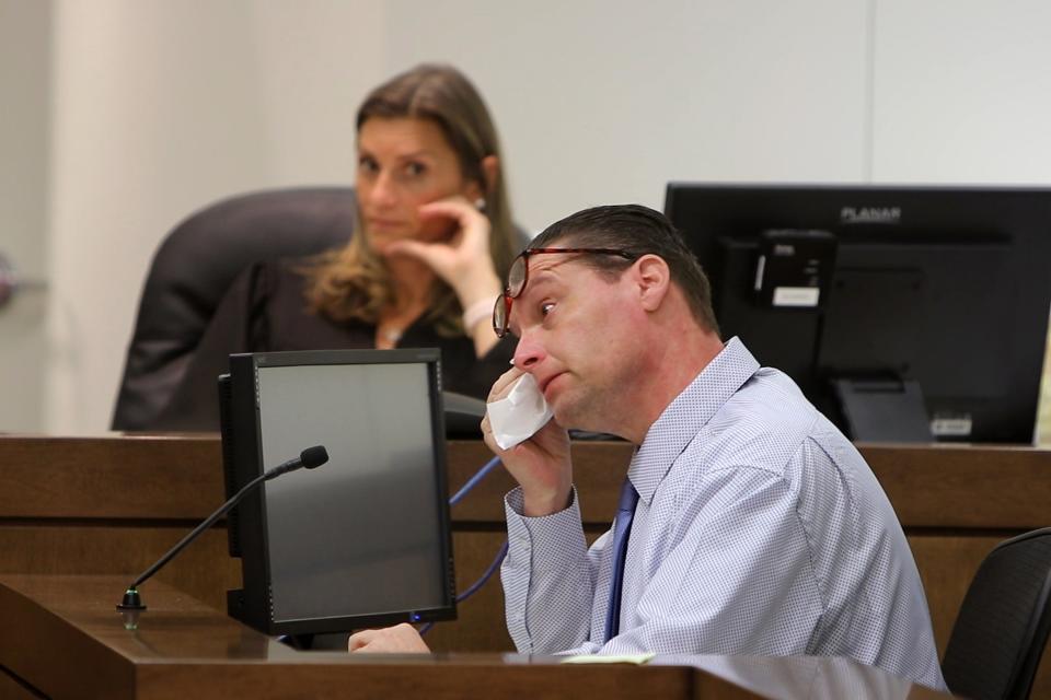 Jeremy Cruz, who is charged with the murder of his wife, Dawn, testifies during his trial before Superior Court Judge Jill O'Malley at Monmouth County Courthouse in Freehold, NJ Tuesday, April 23, 2024.