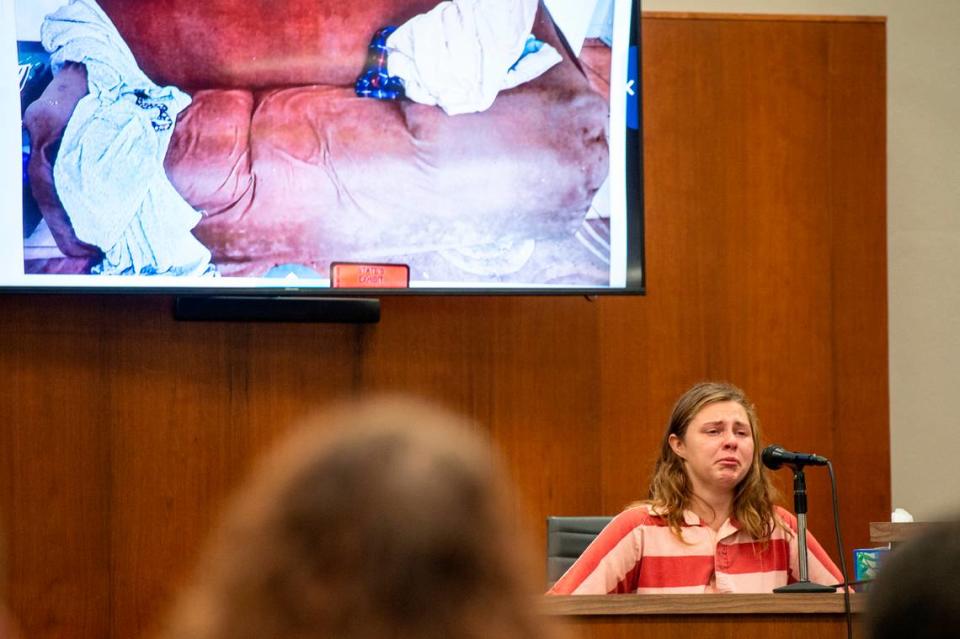 Hailey Heard cries as she testifies in Joseph David Heard’s trial for capital murder in the death of Hayden Bataille in Harrison County Circuit Court in Biloxi on Wednesday, May 8, 2024. Hailey Heard, who is the wife of Joseph Heard, is serving a life sentence for the death of Hayden Bataille, who is her son.