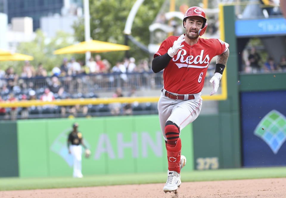 Cincinnati Reds' Jonathan India runs to third base after hitting an RBI-triple off Pittsburgh Pirates pitcher Manny Banuelos during the sixth inning of a baseball game, Sunday, Aug. 21, 2022, in Pittsburgh. (AP Photo/Philip G. Pavely)