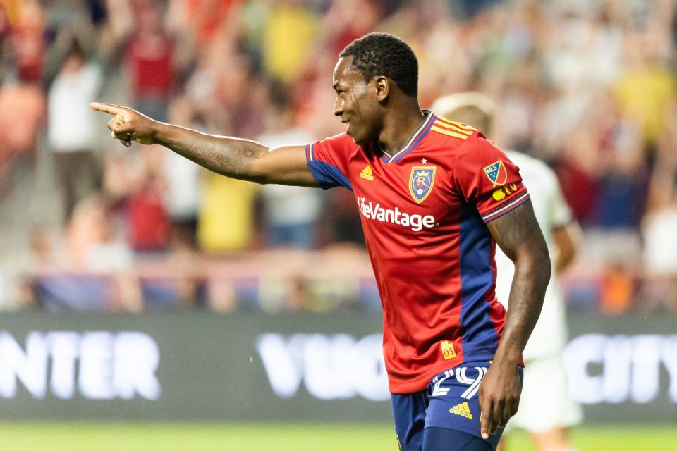 Anderson Julio celebrates after his goal for Real Salt Lake in the match against Orlando City at the America First Field in Sandy on Saturday, July 8, 2023. Julio’s goal was the fourth and final goal for RSL, bringing them to win the match 4-0. | Megan Nielsen, Deseret News