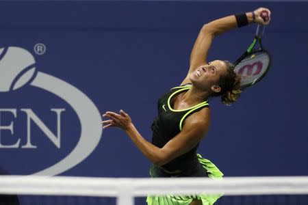 Aug 29, 2016; New York, NY, USA; Madison Keys of the United States serves against Allison Riske of the United States (not pictured) on day one of the 2016 U.S. Open tennis tournament at USTA Billie Jean King National Tennis Center. Mandatory Credit: Geoff Burke-USA TODAY Sports