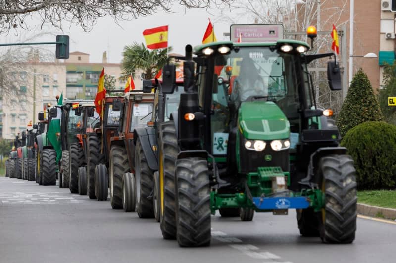 Farmers with tractors demonstrate through the streets of Granada during a protest. Álex Cámara/EUROPA PRESS/dpa