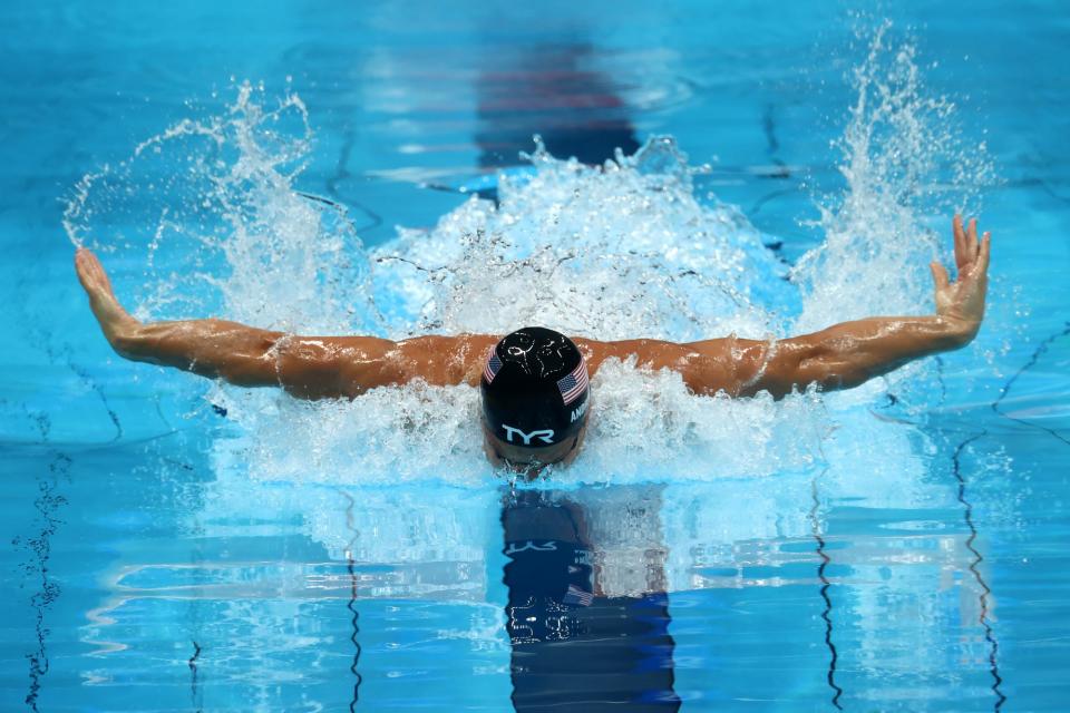 <p>Team USA's Andrew swims in the men's 200m individual medley semifinal.</p>