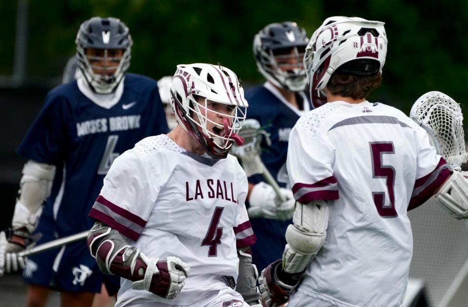 Matthew Hayes of La Salle celebrates a goal against Moses Brown in last season's Division I Boys Lacrosse Championships at Stevenson-Pincince Field at Brown University.