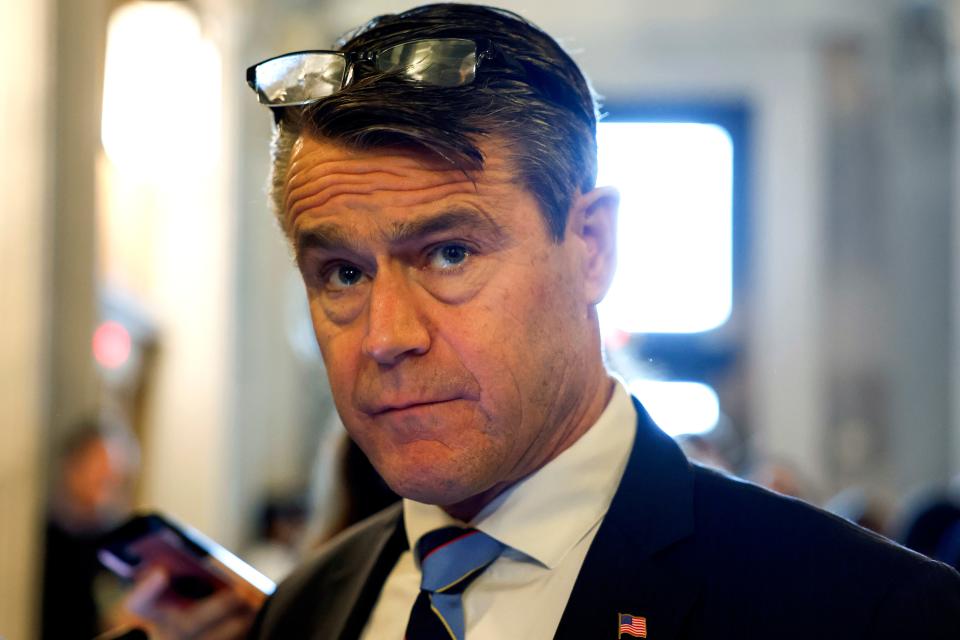 Sen Todd Young (R-IN) speaks to reporters during a vote in the Senate Chambers of the U.S. Capitol Building on January 25, 2024 in Washington, DC.