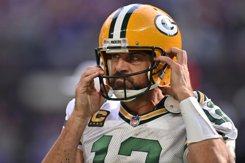 Green Bay Packers quarterback Aaron Rodgers (12) reacts after throwing an interception against the Minnesota Vikings during the second quarter at U.S. Bank Stadium.
