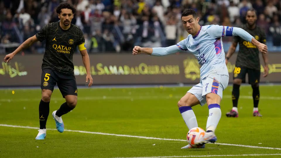 Ronaldo scores for Al-Nassr in a friendly against PSG in January. - Hussein Malla/AP