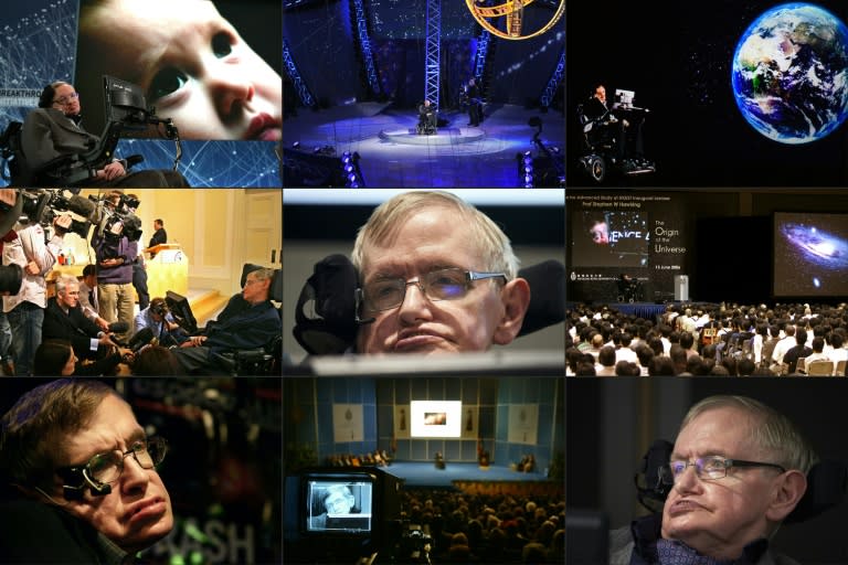 A combination of photos of British astrophysicist Stephen Hawking