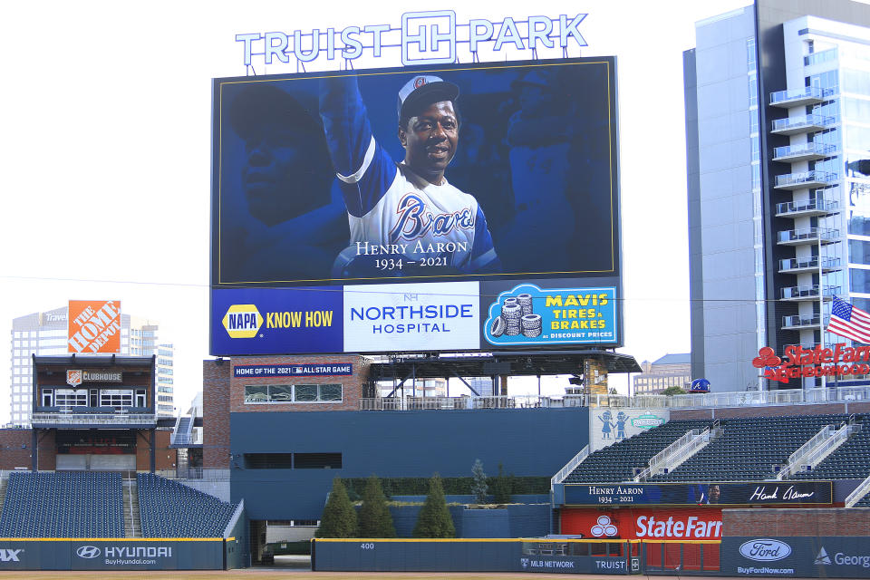 ATLANTA, GA - JANUARY 24: The center field scoreboard at Truist Park memorializes the late Hank Aaron on January 24, 2021 in Atlanta, Georgia. Aaron, a long time Brave,  passed away on January 22, 2021.(Photo by David John Griffin/Icon Sportswire via Getty Images)