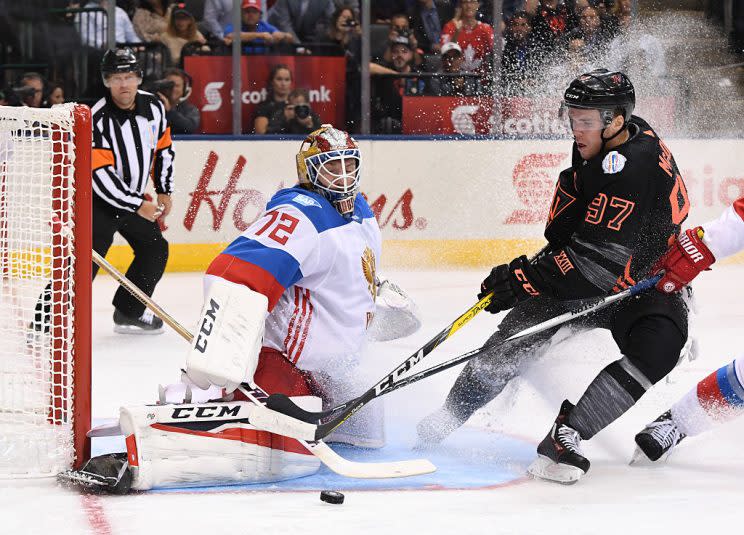 TORONTO, ON - SEPTEMBER 19: Connor McDavid #97 of Team North America tries to get the puck past Sergei Bobrovsky #72 of Team Russia during the World Cup of Hockey 2016 at Air Canada Centre on September 19, 2016 in Toronto, Ontario, Canada. (Photo by Minas Panagiotakis/World Cup of Hockey via Getty Images)