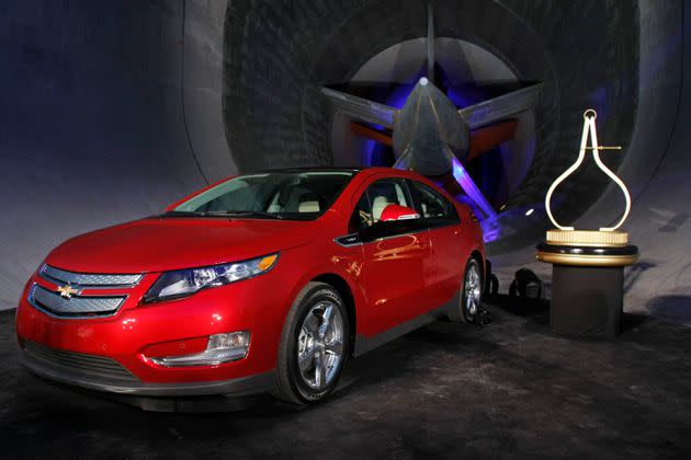 The Chevrolet Volt electric vehicle sits in front of GM's giant wind tunnel turbine engine after it was named Motor Trends Car of the Year at the General Motors Aerodynamics Lab November 16, 2010, in Warren, Michigan. (Photo: Bill Pugliano via Getty Images)