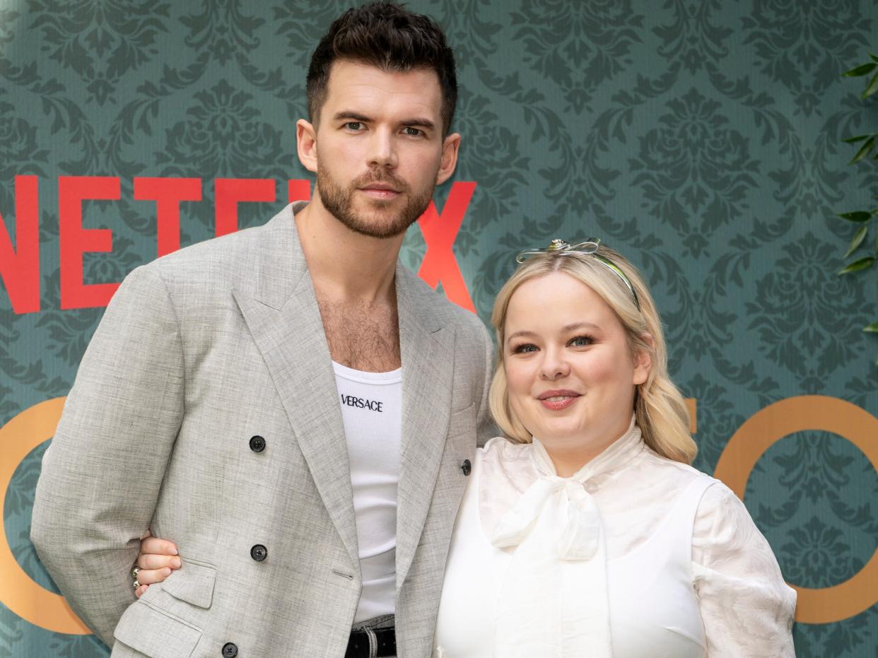 British actor Luke Newton and Irish actress Nicola Coughlan attend the Italian presentation of the third season of Bridgerton