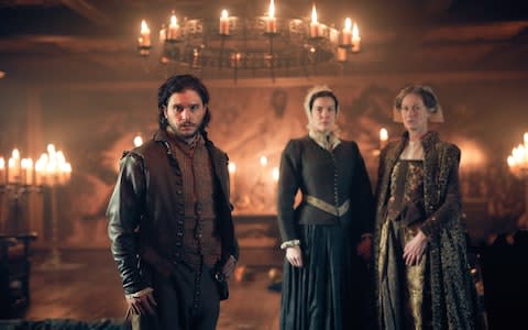 From left: Kit Haringon, Anne Vaux and Sian Webber in Gunpowder - Credit: Robert Viglasky/BBC