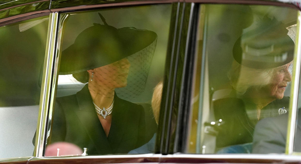 Catherine, Princess of Wales, wore pearl earrings and the Queen's pearl necklace for the late monarch's funeral. (Getty Images)