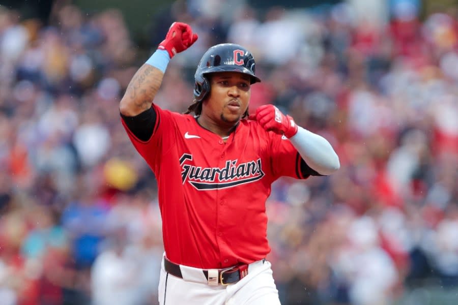 Cleveland Guardians third baseman Jose Ramirez (11) rounds the bases after hitting his 39th home run of the season during the first inning of the Major League Baseball game between the Houston Astros and Cleveland Guardians on September 28, 2024, at Progressive Field in Cleveland, OH. (Photo by Frank Jansky/Icon Sportswire via Getty Images)