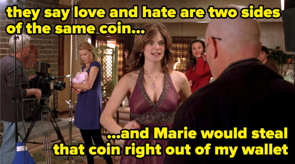 On a picture of Marie looking chaotic in the middle of Walt's living room filled with cameras and reporters, the caption says "they say love and hate are two sides of the same coin, and Marie would steal that coin right out of my wallet"