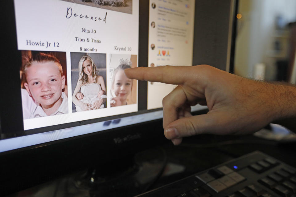 FILE - In this Tuesday, Nov. 5, 2019, file photo, Austin Cloes points to a photo of his relative Rhonita Miller and her family, who were killed in Mexico, on a computer screen, in Herriman, Utah. The recent slaying in Mexico of nine people who belonged to a Mormon offshoot community where some people practice polygamy shines a new spotlight on the ongoing struggle for the mainstream church to fight the association with plural marriage groups because of its past. (AP Photo/Rick Bowmer, File)