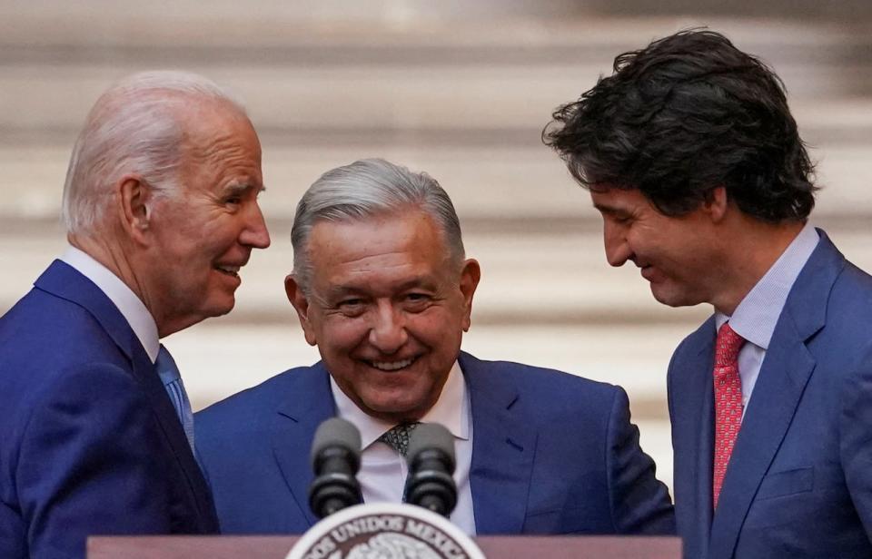 U.S. President Joe Biden, Mexican President Andres Manuel Lopez Obrador and Canadian Prime Minister Justin Trudeau speak at the conclusion of the North American Leaders' Summit in Mexico City, Mexico, January 10, 2023.  REUTERS/Kevin Lamarque     TPX IMAGES OF THE DAY